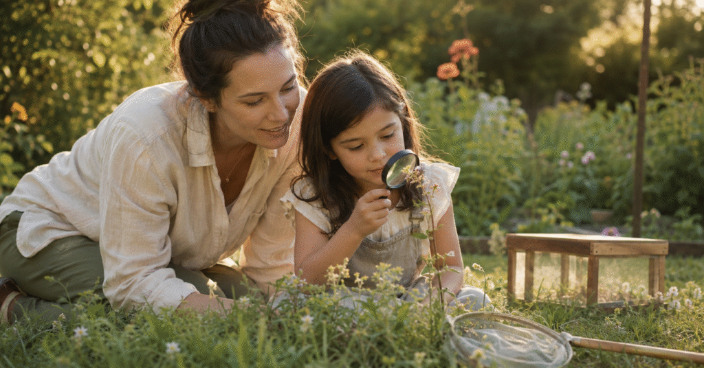 Mother and daughter exploring nature together in a sunlit backyard with a kids nature explorer kit, magnifying glass and butterfly net