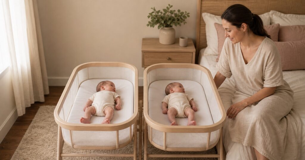 Mother beside newborn twins lying on their backs in two separate bassinets