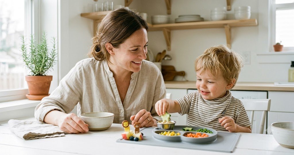 Mother and toddler smiling at a bright kitchen table as the toddler dips a star-shaped cucumber into a small dip cup — low-pressure picky eater mealtime tools