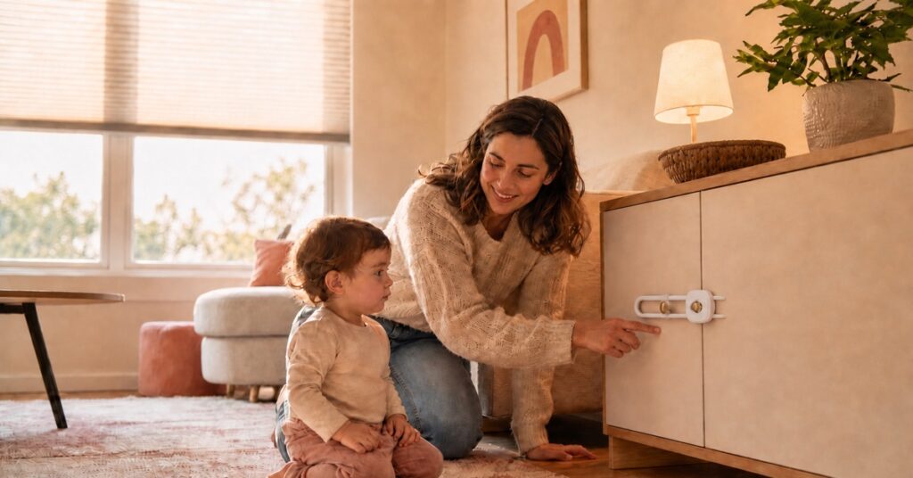 Mother kneels beside her toddler and points to a rigid white slide lock fitted around two cabinet knobs in a warm rental apartment.