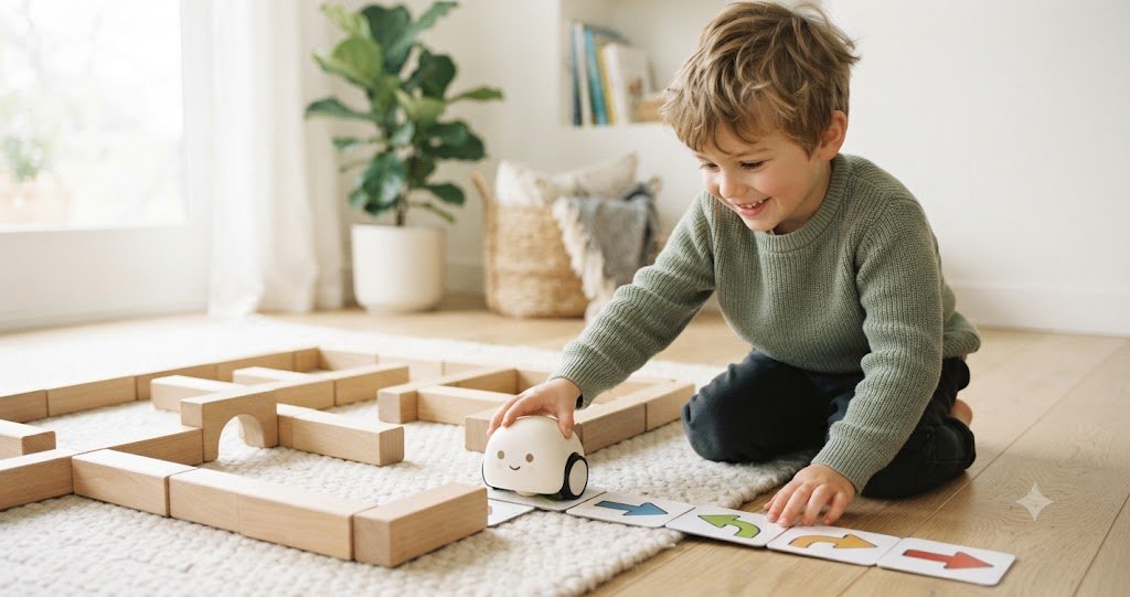 Preschool child playing with a screen-free coding robot on a light wood floor, guiding it through a simple wooden-block maze in warm natural light