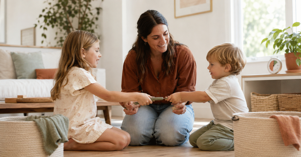 Mother calmly mediating between her young daughter and son over a shared toy, with labeled storage baskets and a visual timer nearby - sibling rivalry tools at home