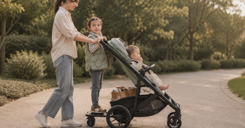 Mother walks with a baby in a stroller while an older toddler stands on a ride-on board.