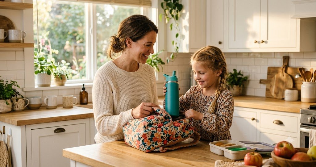 Mom helping her daughter pack an insulated stainless steel kids water bottle into her school backpack on a bright morning