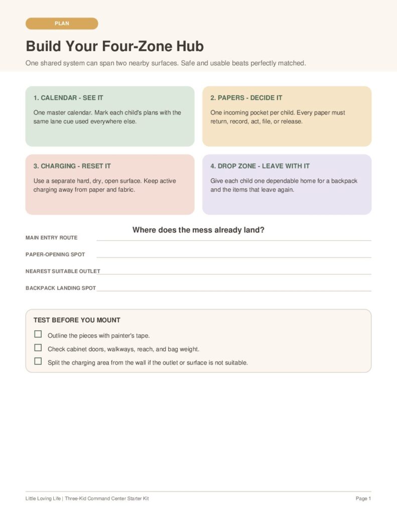 Family command center for three kids printable starter kit with calendar, papers, charging, and drop zone planning