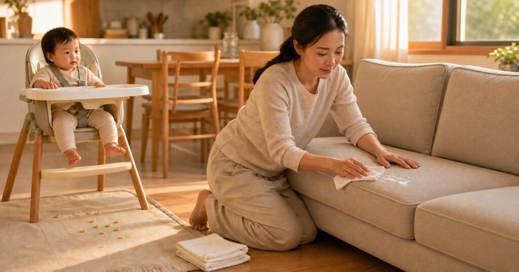 Mother blotting a small floor spill beside a firm neutral sofa while her toddler sits safely in a high chair