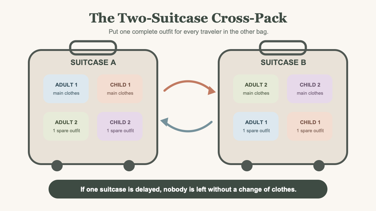 Two-suitcase cross-packing diagram with one spare outfit for each traveler placed in the other suitcase