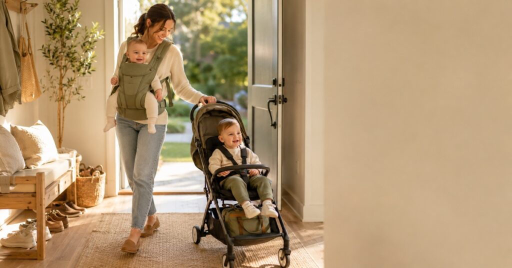 Mom leaving home with a baby in a carrier and a toddler safely buckled into a stroller.