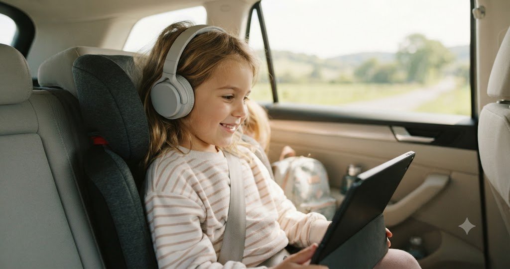 A young girl wearing over-ear volume-limited headphones and watching a tablet in her car seat during a road trip