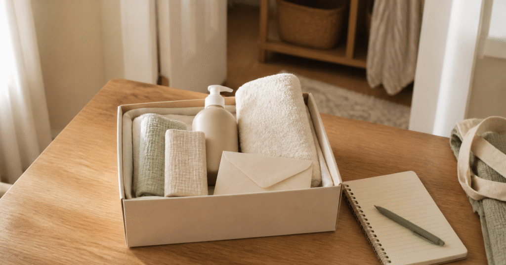 A simple baby bath gift box with folded neutral towels, two washcloths, an unbranded cleanser bottle, a gift receipt envelope, and a registry notebook in warm natural light.