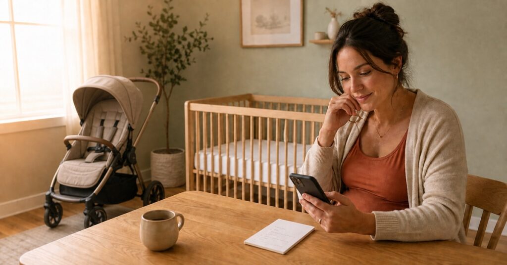 Pregnant mother reviewing a short baby gear shopping list in a warm nursery