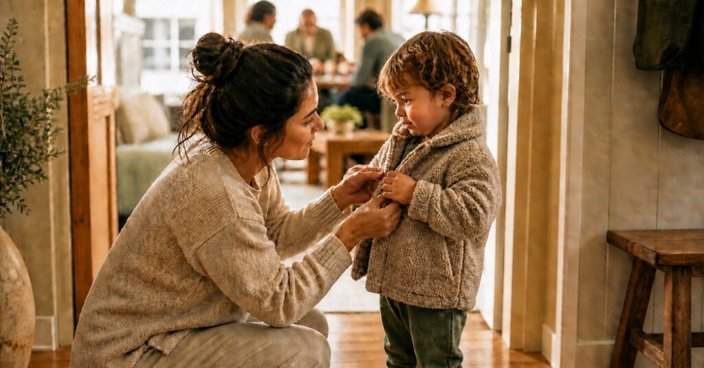 An adult kneels in a warm entryway and helps an awake toddler put on a coat while a family gathering continues softly in the background.