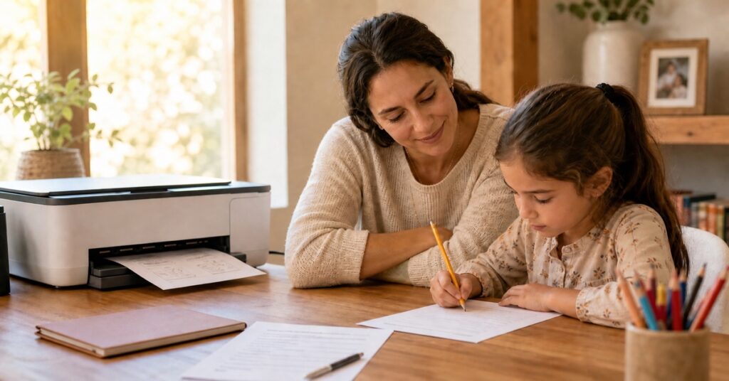 Mother helping her school-age daughter with homework beside an all-in-one printer