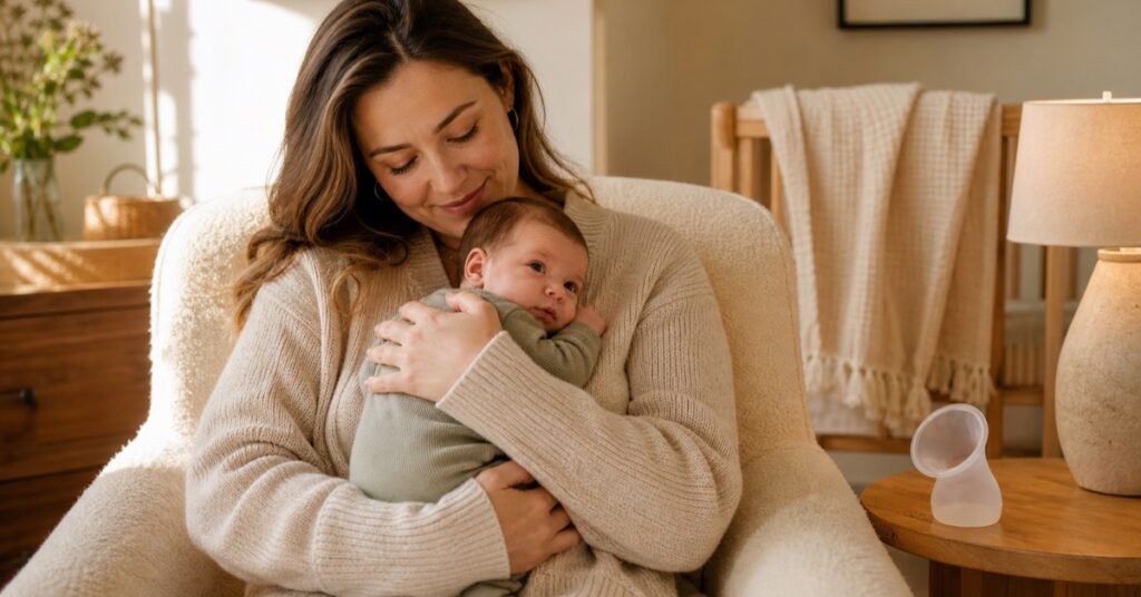 Mother cuddling her newborn beside a silicone breast milk collector in a warm nursery