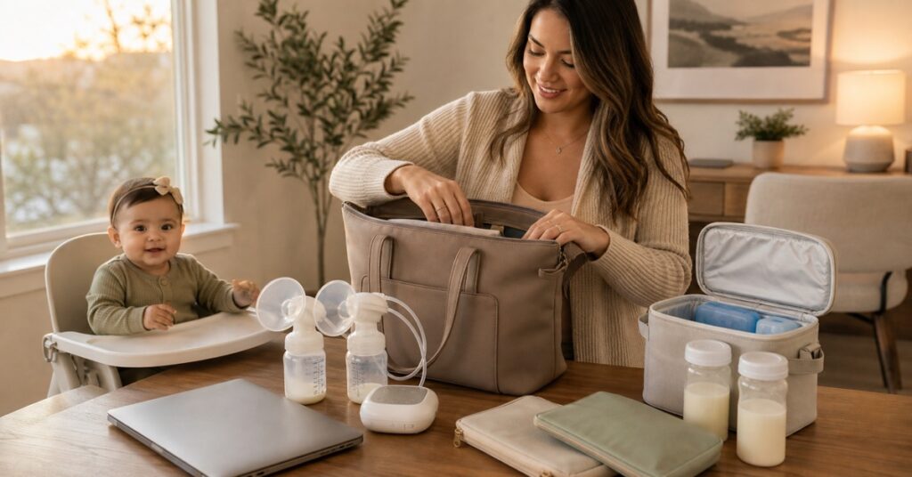 A working mother packing a breast pump bag beside a laptop and insulated milk cooler while her baby sits nearby