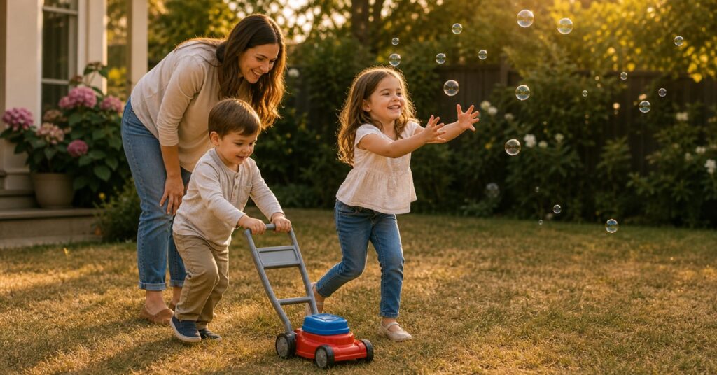 Mother supervising two children chasing bubbles from a push-style bubble toy in a sunny backyard