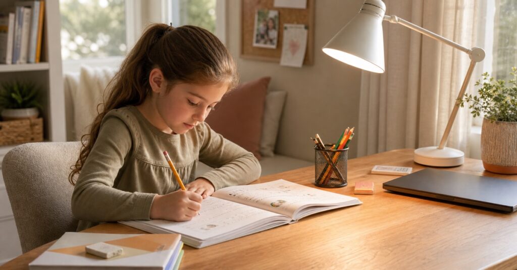 School-age girl doing homework at a wooden desk with an adjustable lamp lighting her open workbook