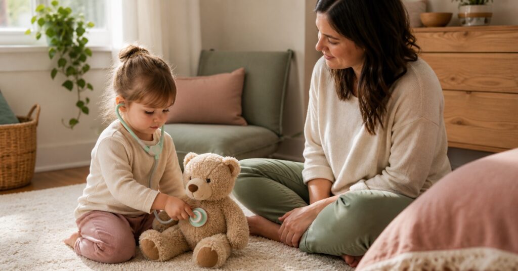 A preschooler uses a toy stethoscope to check a teddy bear while her mother sits nearby.