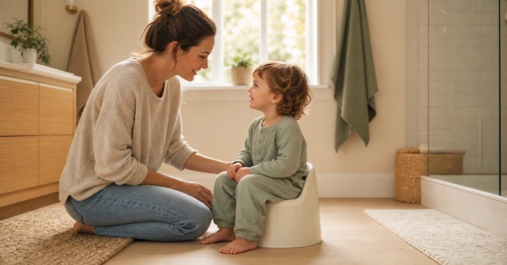 Mother helping her toddler use a floor potty in a warm home bathroom