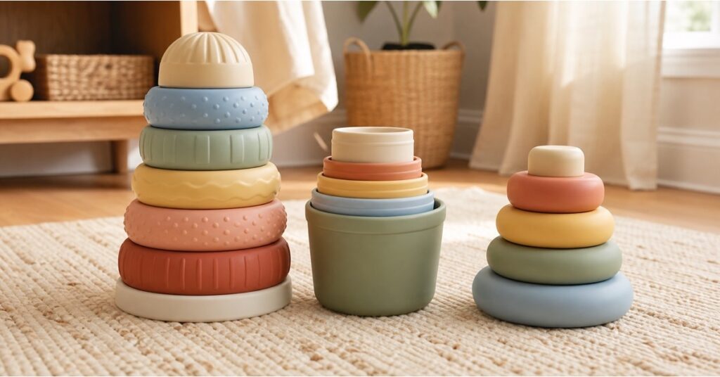 Colorful stacking rings and nesting cups on a warm nursery rug