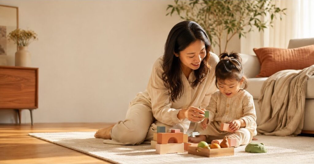 Mother and toddler playing with blocks in a warm living room