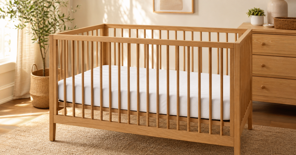 Natural wood crib with a thin white waterproof mattress protector fitted snugly beneath four complete safety rails
