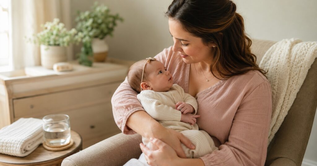 Mother holding her newborn in a warm nursery while they look at each other