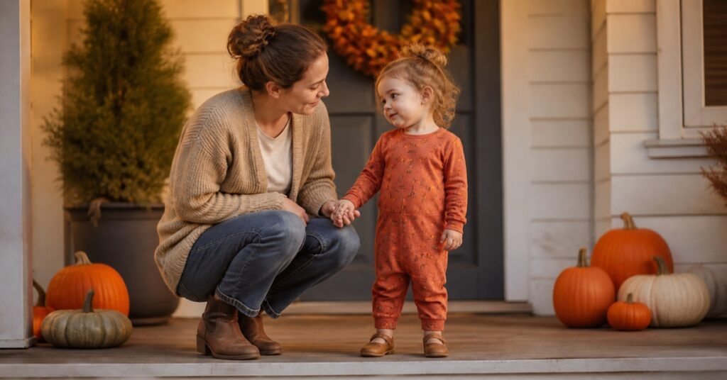 A parent crouches beside a toddler in a comfortable orange Halloween outfit on a pumpkin-decorated porch.