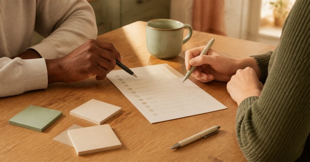 Two adults reviewing a household responsibilities worksheet together
