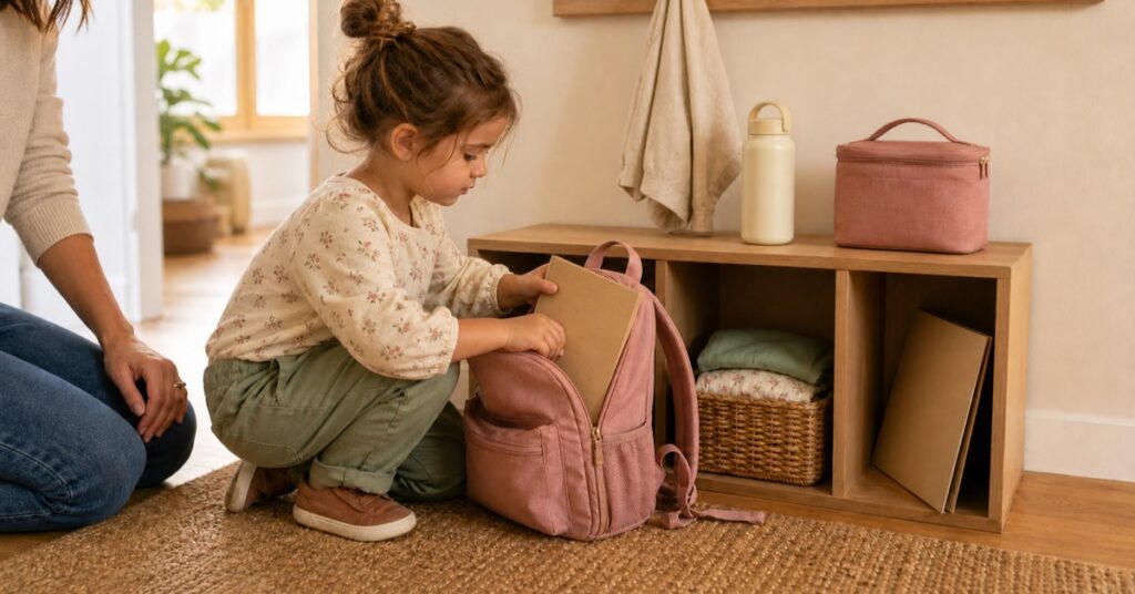 Preschool girl packing a small backpack beside a water bottle, lunch bag and cubby clothes