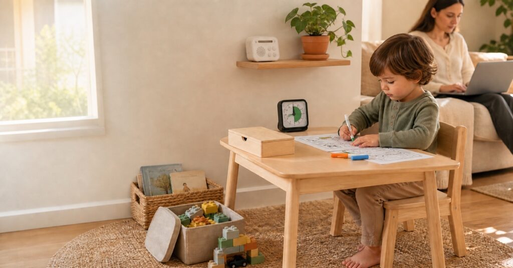 Toddler using a screen-free quiet-time setup with a visual timer, mess-free coloring, puzzles, large blocks, and audio nearby