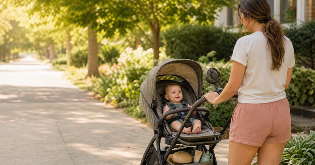 Parent pushing a shaded stroller on a warm-weather walk while baby sits secured behind the bumper bar