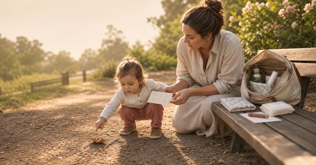 A mother and toddler looking at a fallen leaf beside an open nature walk bag