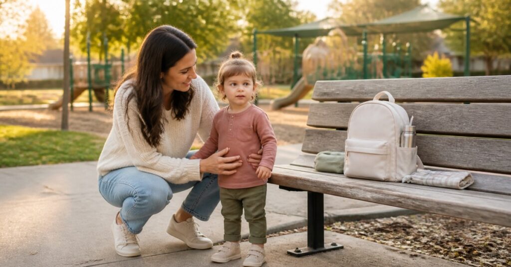 Mother and toddler beside a small park-day backpack and water bottle at a neighborhood playground.