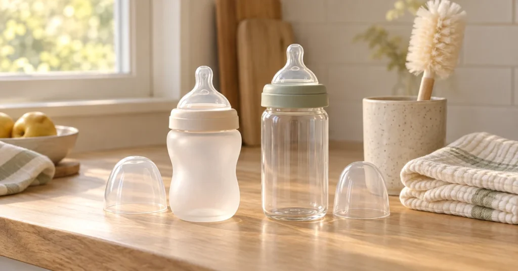 Two unbranded baby bottles beside a bottle brush and folded cloth in warm window light