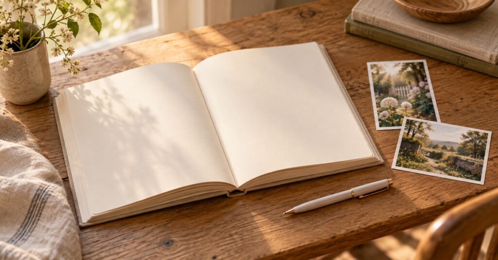 Open blank memory book, photo prints and a pen on a sunlit wooden table