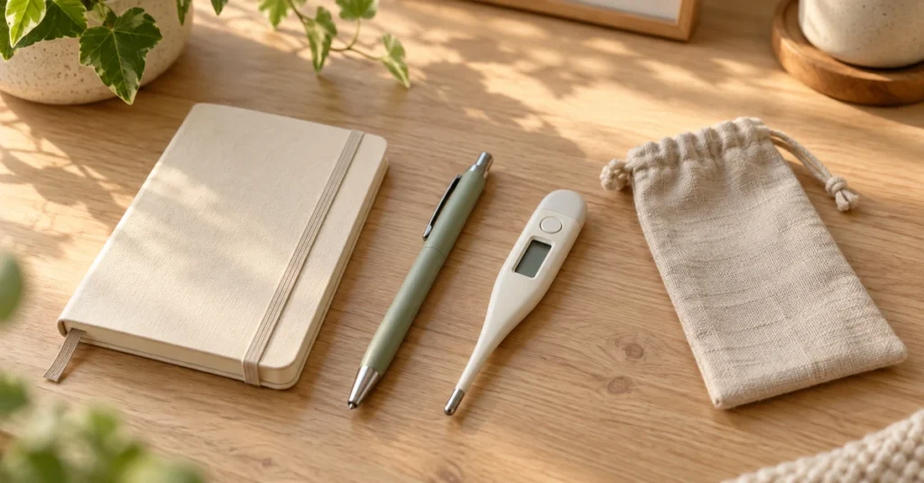 A blank-screen digital thermometer, pen, notebook and linen pouch on a sunlit wooden table.