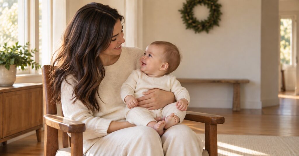 Illustrative image of an adult securely holding an awake baby in a warm Christmas room with a plain wreath high on a distant wall.