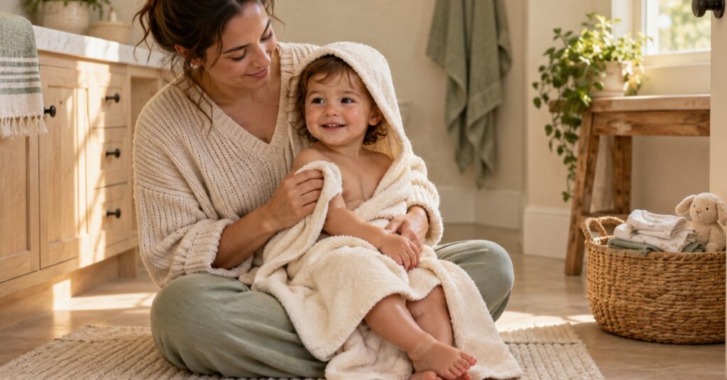 A mother drying her awake toddler with a cream hooded towel on a dry bathroom mat