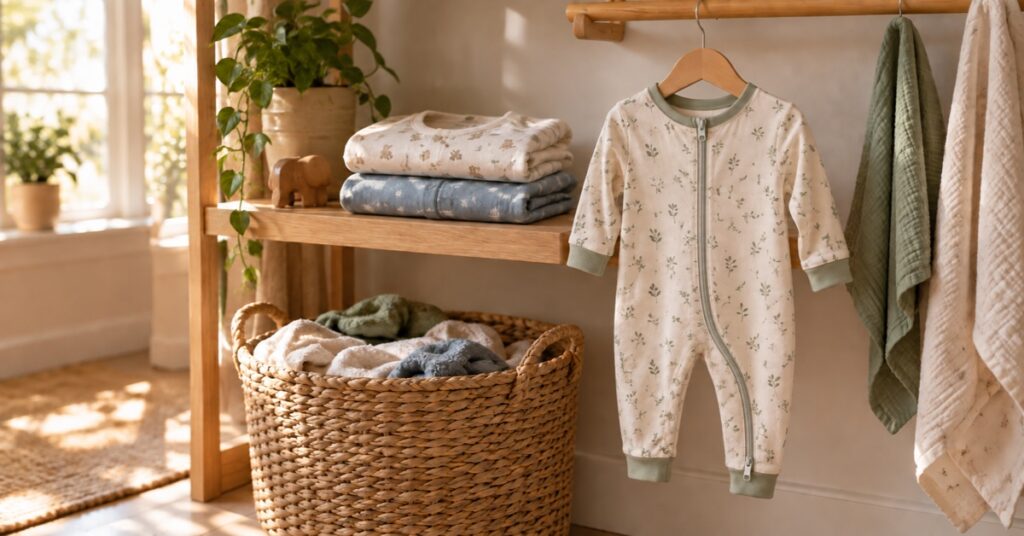Folded baby sleepers and a footless romper in a warm nursery laundry corner