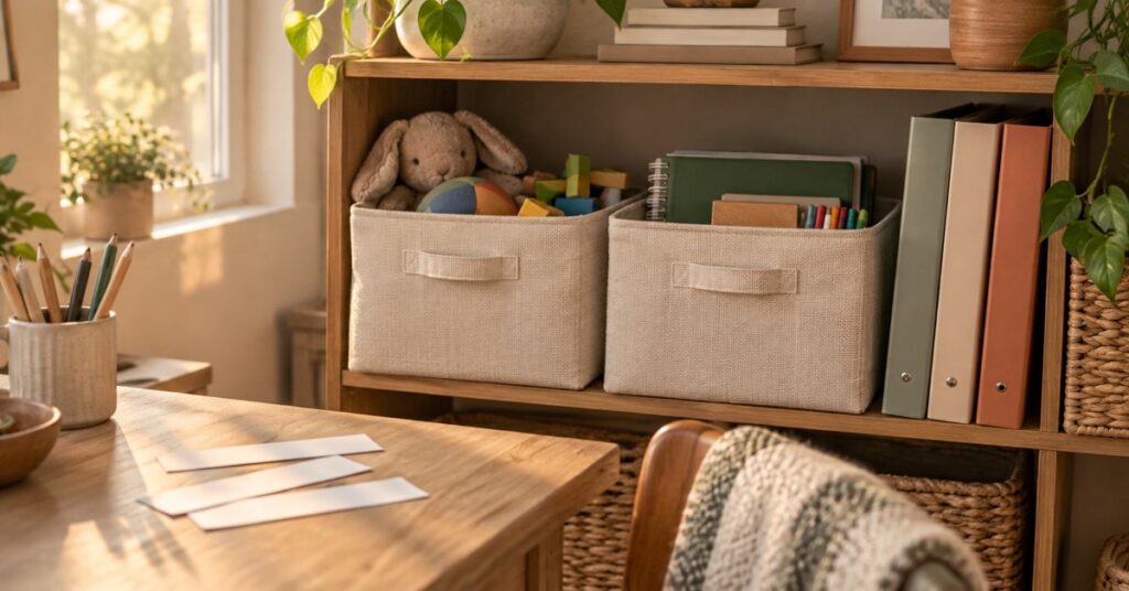 Two fabric storage bins and school folders beside a desk with blank label strips in warm sunlight.