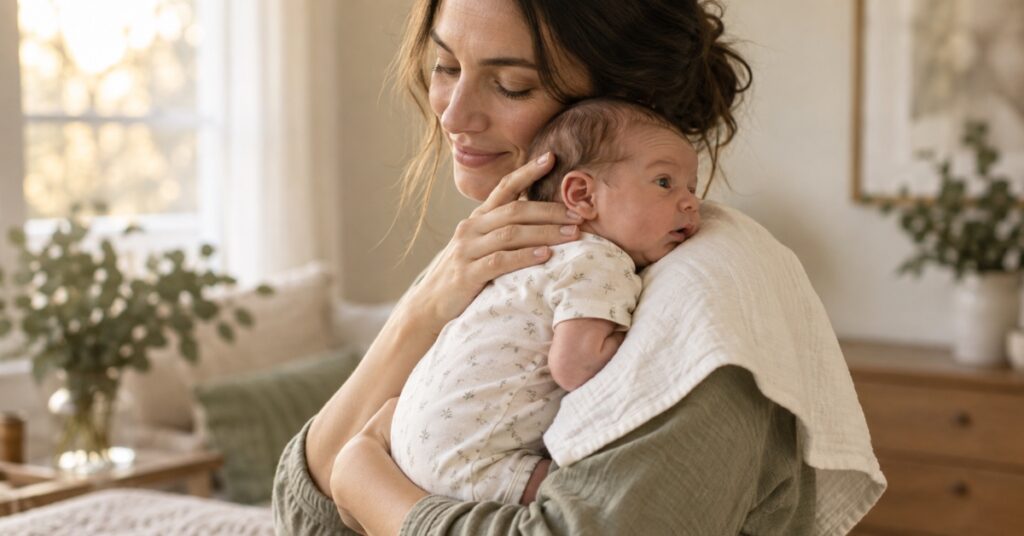A mother holding her newborn upright against her shoulder with a cream cotton burp cloth.