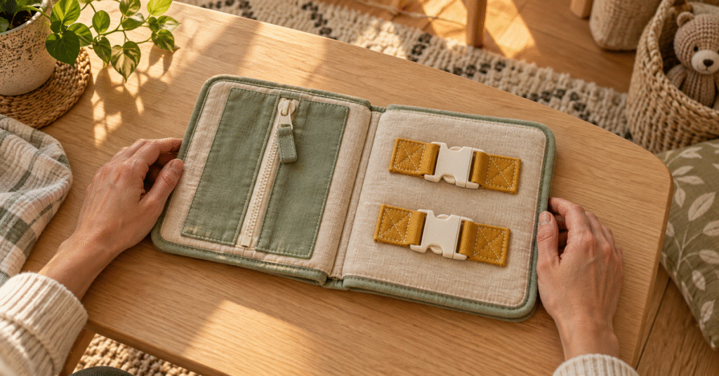 Illustration of adult hands beside a cloth activity book with a zipper and buckles on a wooden table.