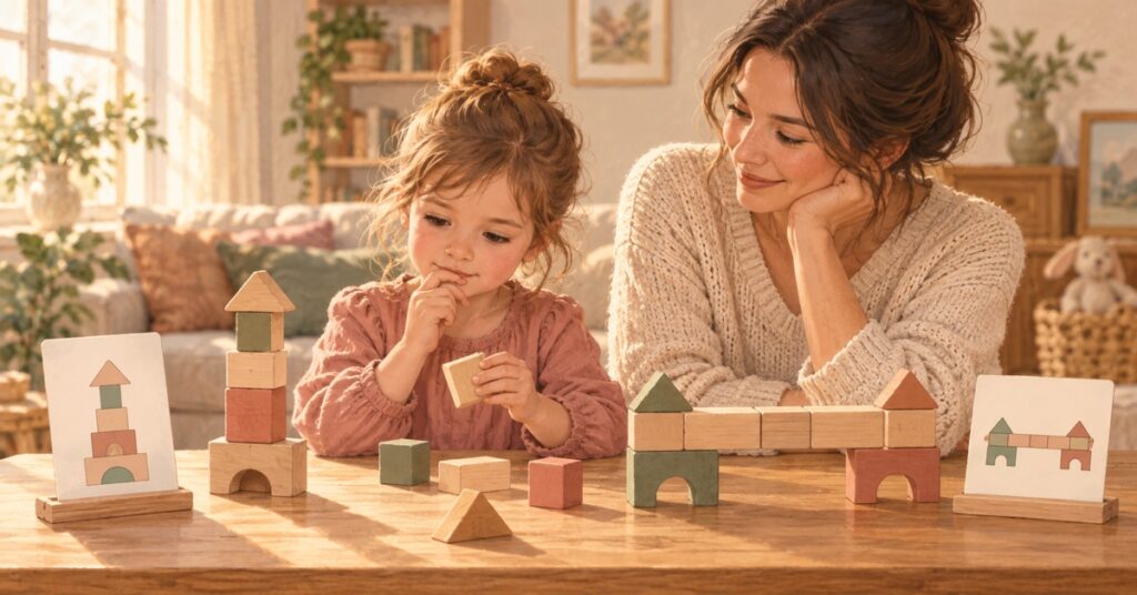 Mother and preschooler comparing a picture-building puzzle with a wooden bridge path puzzle