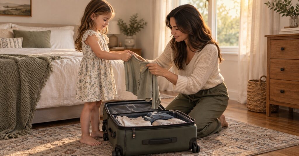 Mother and daughter packing a cardigan in an open carry-on suitcase at home.