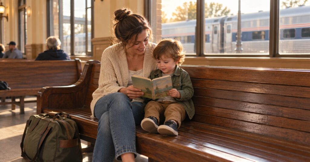 Mother and toddler reading together in a sunlit train-station waiting room.