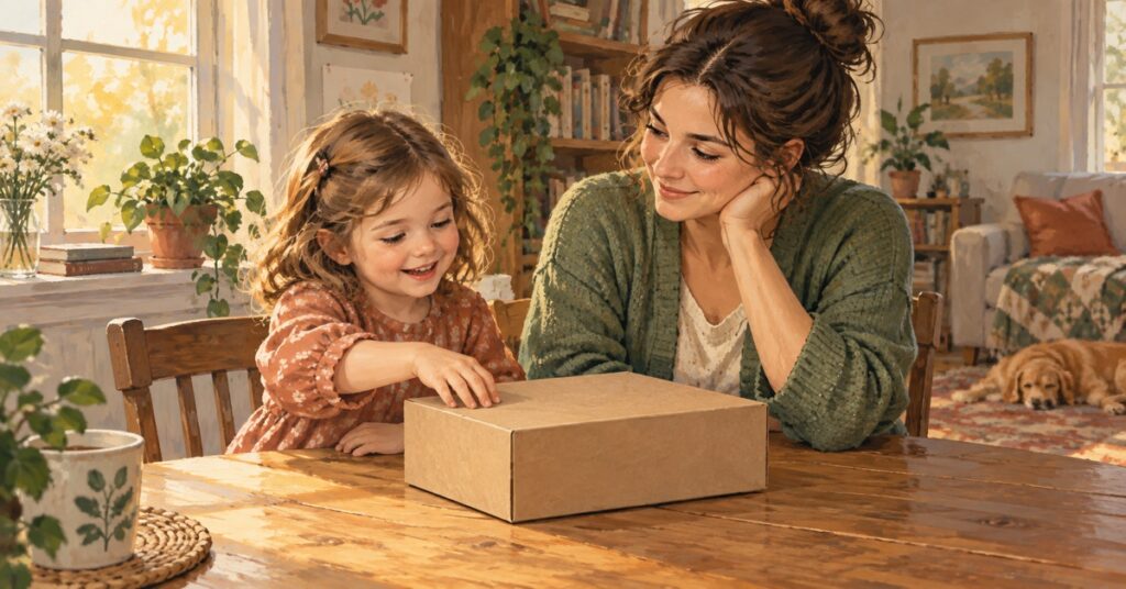 A mother and her four-year-old daughter about to open a game box together.