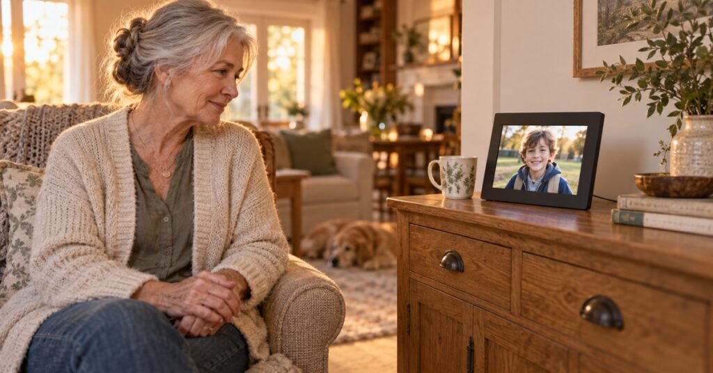 Grandmother looking at a child’s photo on a digital frame in a warmly lit living room.