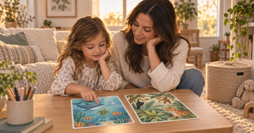 A mother and daughter compare ocean and jungle illustration cards at a wooden table.