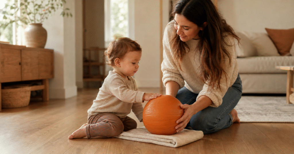 An adult steadies a whole pumpkin on a folded towel while a toddler touches it with an open hand.